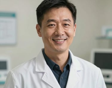 A professional headshot of a male veterinarian in a white lab coat, smiling confidently in a modern North American clinic setting with soft off-white background.