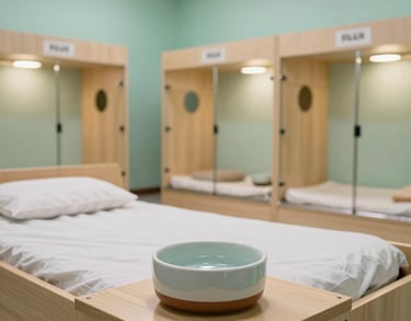 A detailed photograph of a premium pet boarding suite in a North American facility, featuring a cozy bed, fresh water in a ceramic bowl, and soft mint green walls with warm lighting.