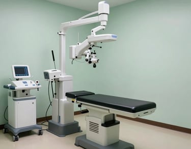 A wide-angle photography shot of a modern, clean veterinary exam room in the US, featuring state-of-the-art equipment and pale moss green walls.