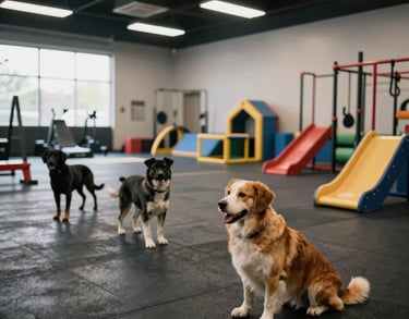 A photograph of a spacious indoor exercise area for dogs with rubber flooring and colorful play equipment in a professional North American training center.
