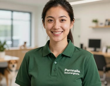 A professional headshot of a female boarding manager wearing a branded moss green polo shirt, smiling in a bright, modern North American pet reception area.