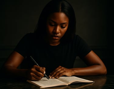 a woman is writing in a book