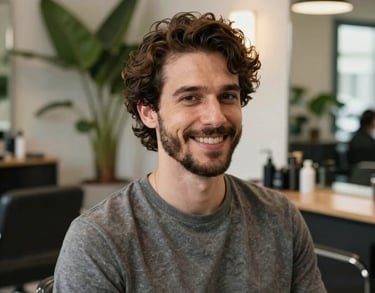 A warm portrait of a professional male hair stylist smiling in a modern, plant-filled salon setting in the US under soft natural lighting.