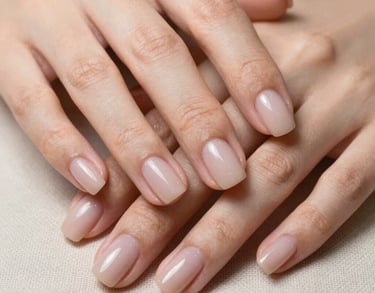 An extremely detailed close-up photography of beautifully manicured, clean natural fingernails painted with a light nude gloss, resting on soft linen fabric.