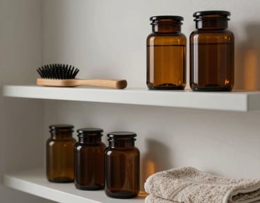 A modern minimalist bathroom shelf in a North American home featuring neatly arranged amber glass jars, a wooden hair brush, and a soft beige cotton towel.