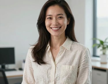 A professional portrait of a smiling female dermatologist wearing a simple cream linen shirt in a bright minimalist office in the US, bathed in soft natural lighting.