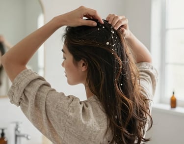 A serene woman in a soft linen robe gently applying nourishing herbal oil to her hair and scalp in a brightly lit, cozy North American bathroom.