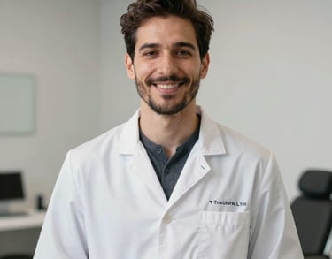 A professional portrait of a friendly male trichologist in a minimalist consulting room in the US, with a clean soft-focus background.