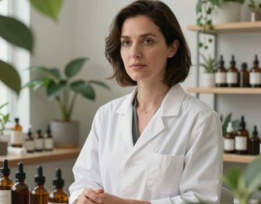 A professional portrait of a calm female botanical formulator surrounded by soft green leaves and amber bottles in a clean North American apothecary studio.