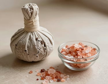 A beautiful aesthetic flat lay of natural self-care wellness tools, featuring a sage bundle and a small glass bowl of pink Himalayan salt under soft warm lighting in a serene home.