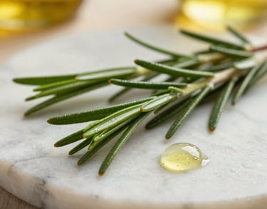 Detailed close-up photography of botanical ingredients like fresh green rosemary branches and organic oil droplets glistening on a light marble plate under warm natural light in a cozy North American setting.