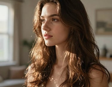 A gorgeous, close-up lifestyle photograph of healthy, glowing long wavy brown hair catching soft morning sunlight in a serene North American home.