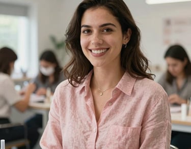 A portrait of an enthusiastic female nail educator wearing a soft rose pink linen shirt in a brightly lit modern workshop in the US.