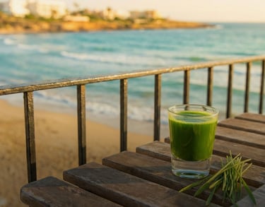 Fresh wheatgrass juice shot on a wooden table overlooking a scenic tropical beach and ocean.
