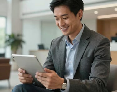 A professional North American man in business casual attire smiling while looking at a tablet, seated in a bright, modern corporate lobby, crisp lighting, professional photography.