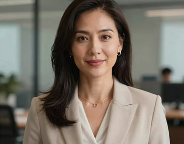 Portrait of a professional North American woman in business attire, looking approachable and experienced, modern office background, soft lighting.