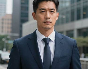 Portrait of a North American professional man in a navy suit, looking determined and reliable, blurred city office background, professional photography.