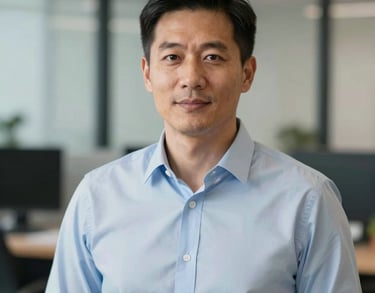 Portrait of a professional North American man in a light blue dress shirt, looking confident and helpful, soft-focus office background, professional photography.