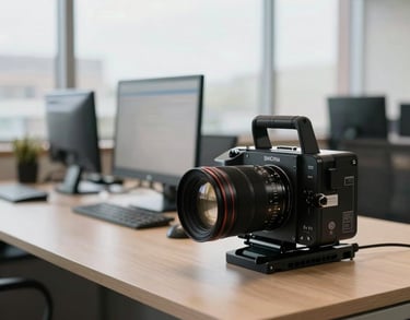 A professional North American office setting with a clean, organized desk and modern equipment, soft natural light through large windows, shallow depth of field, photography style.