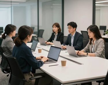 A collaborative meeting space in a modern North American office, showing a clean white table and ergonomic chairs, professional and efficient atmosphere.