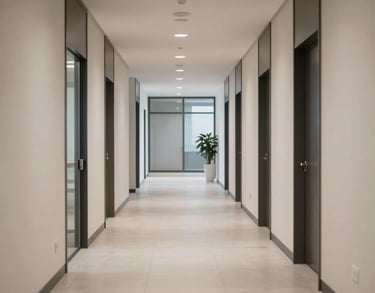 A well-lit, professional hallway in a North American corporate building, featuring neutral tones and modern architecture, clean lines and a sense of order, high-resolution photography.