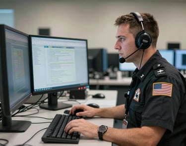 A focused North American support officer working at a multi-monitor workstation in a high-tech operations center, clean professional environment, realistic lighting.