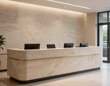 A wide shot of a professional North American reception area, featuring clean stone surfaces and minimalist design, conveying trustworthiness and efficiency.