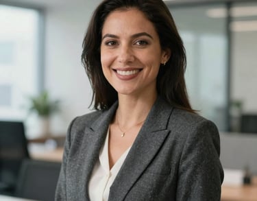 Portrait of a professional North American woman in a charcoal gray blazer, smiling warmly in a bright office environment, corporate headshot photography style.