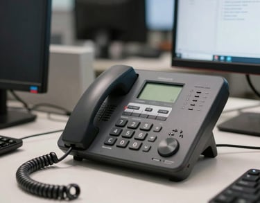 An organized North American office workspace with a focus on a professional telephone system and computer, symbolizing efficient support services, clean lighting.