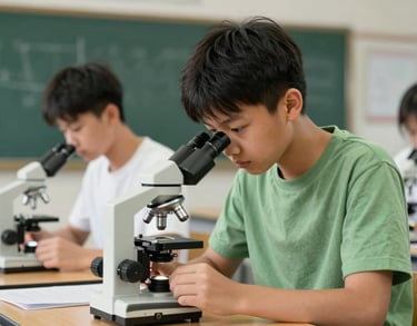 A student in a North American / US classroom focusing intently on a science project involving microscopes, with Sage Green and Dark Green room accents.