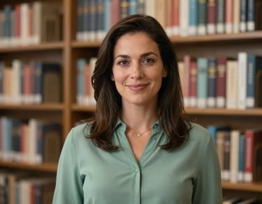 Professional portrait of a welcoming woman in a Sage Green blouse standing in a North American / US library setting with soft focus on bookshelves behind her.