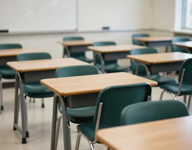 A bright North American / US classroom with clean lines, Dark Green chairs, and wooden desks, designed for a focused and professional academic atmosphere.