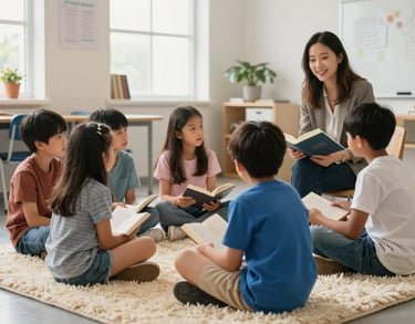 Homeschooled students sitting on a plush Cream rug in a bright North American / US classroom, listening attentively to a teacher reading a classic book.
