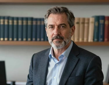A professional portrait of a man in a North American / US office setting with spiritual books visible in the background, conveying leadership and wisdom.