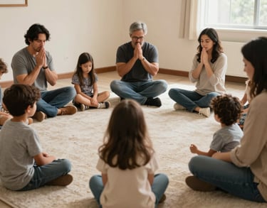 North American / US parents and children gathered in a warm Cream colored room for a morning prayer and community meeting, looking peaceful and connected.