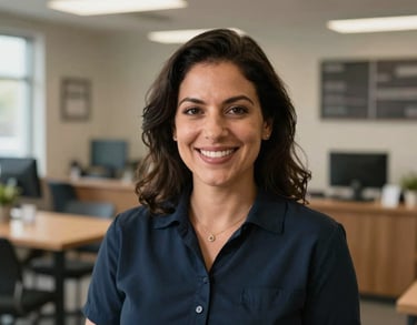A professional portrait of a woman in a North American / US community space, looking organized and helpful with a friendly, welcoming smile.