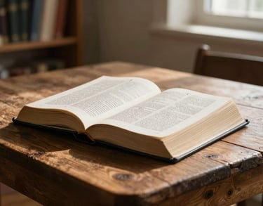 Close-up photography of educational books and a Bible resting on a rustic wooden table in a sunlit Cream room, emphasizing a Christian academic environment.