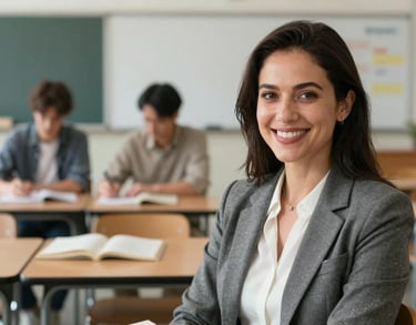 A professional portrait of a woman in smart casual attire, smiling in a bright North American / US classroom setting with a warm and encouraging expression.