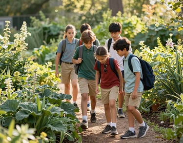 A group of homeschooling students in a North American / US outdoor setting, exploring a nature trail together in a bright Sage Green garden with soft afternoon sunlight.