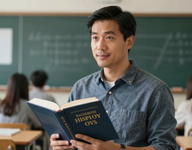 A professional portrait of a man in a friendly North American / US educational setting, holding a history textbook and looking knowledgeable.