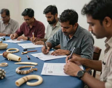 Candid shot of a training workshop where several South Asian / Indian artisans are learning about trade licenses, ivory and muted blue palette, soft lighting.