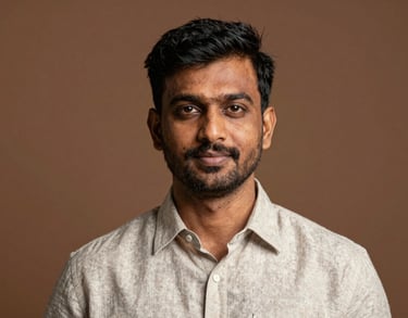 Portrait of a South Asian / Indian man with a professional demeanor, wearing a light-colored linen shirt, set against a warm earth-toned background.