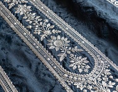 Detailed shot of a silver zari embroidery pattern on a dark slate blue fabric, representing modern premium craftsmanship, South Asian / Indian style.