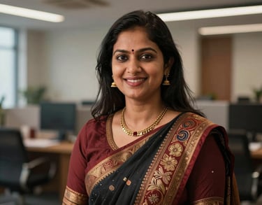 A portrait of a smiling South Asian / Indian professional woman in a modern office environment with traditional textile accents, warm and professional lighting.