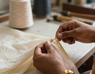 Close-up of hands weaving gold thread into ivory fabric, soft focused background showing a professional South Asian / Indian studio setting.
