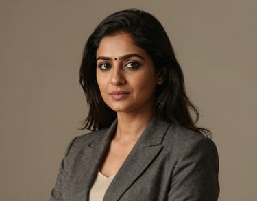 Portrait of a South Asian / Indian woman in professional attire, soft earth tone background, warm and confident expression, high-end photography.