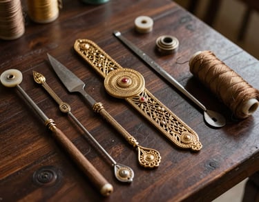 High-angle shot of intricate zari tools and threads arranged neatly on a dark wood table, South Asian / Indian style, premium and authentic aesthetic.