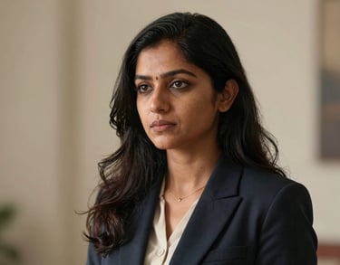 Portrait of a South Asian / Indian woman looking focused and capable, wearing professional attire, ivory walls and soft earth tones in the background.