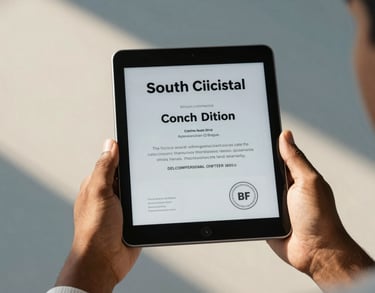 Photography of a South Asian / Indian artisan holding a digital tablet displaying a professional certification, warm sunlight, muted blue and soft ivory background.