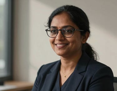 Portrait of a professional South Asian / Indian woman with glasses, smiling warmly, professional indoor setting with soft shadows.